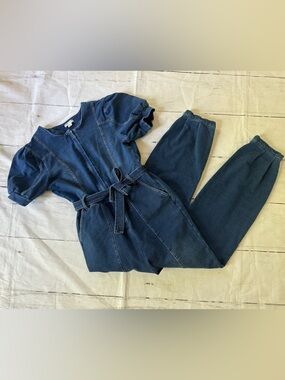 Habitual Girls Dark Blue Denim Jumpsuit Romper with Tie Waist zipper top size 12